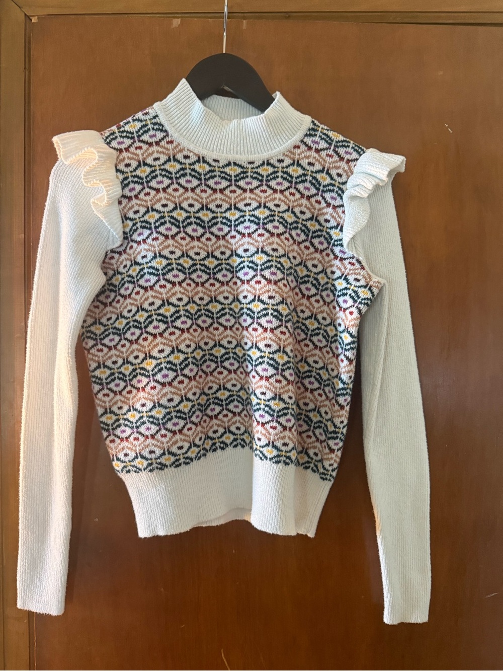 LOFT Cream Fair Isle Ruffle Shoulder Mock Neck Sweater